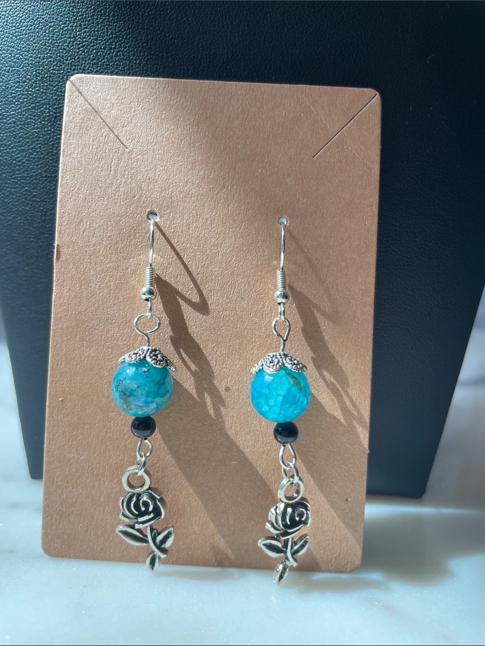Turquoise real stone with silver tone Rose Drop Earrings